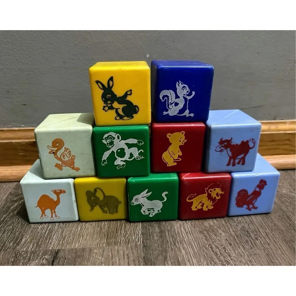 Vintage Plastic Rattle Blocks Multi Colored 2.5” Lot 11 Animals Letters Crafts